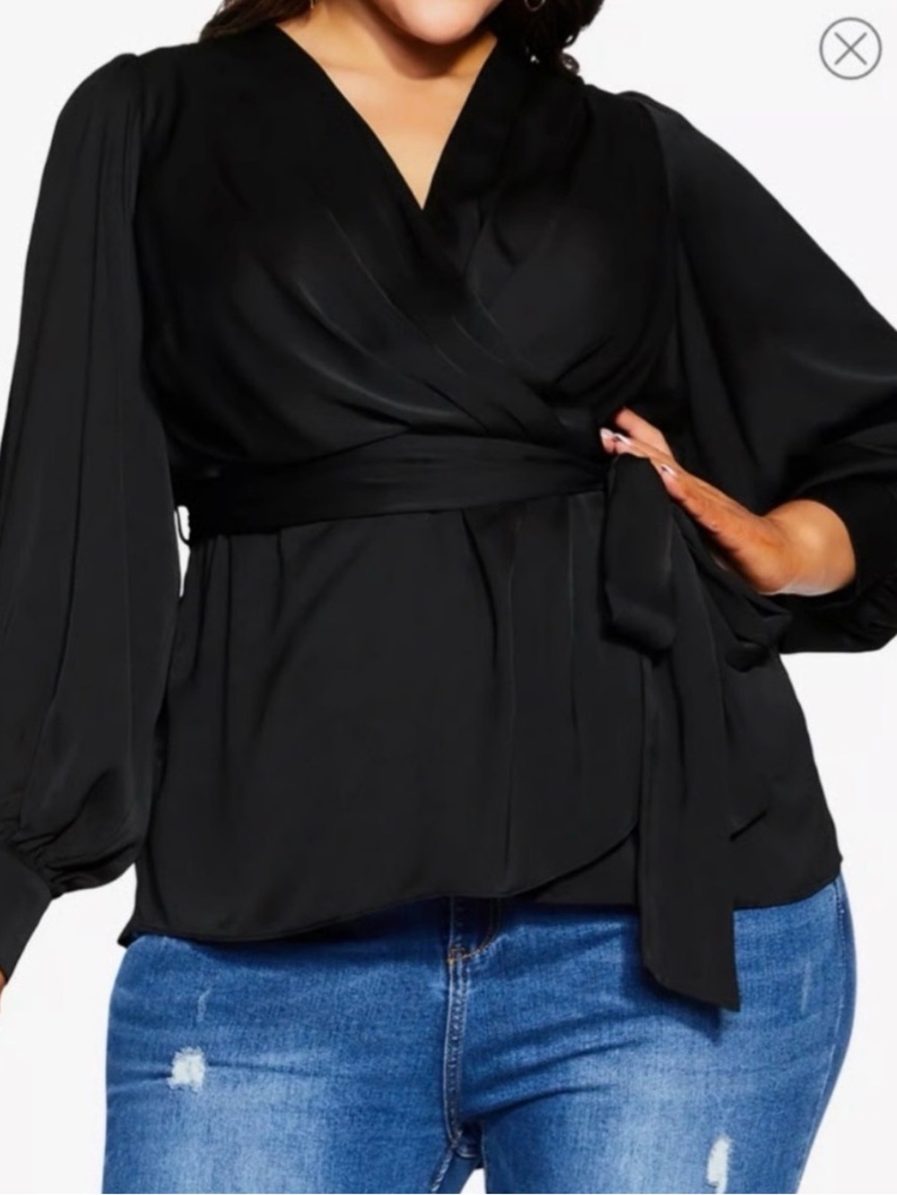 City Chic Opulant Black Wrap Blouse with Tie Waist